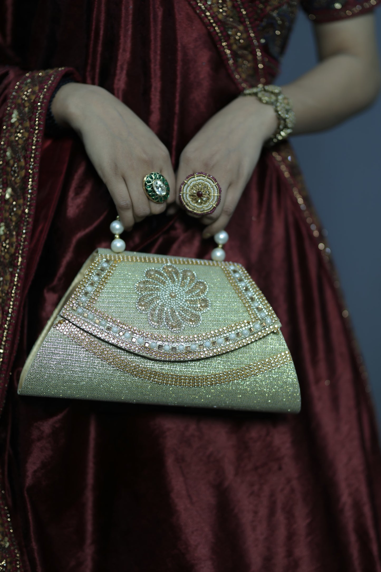 Pearl Handle Embellished Gold Evening Handbag