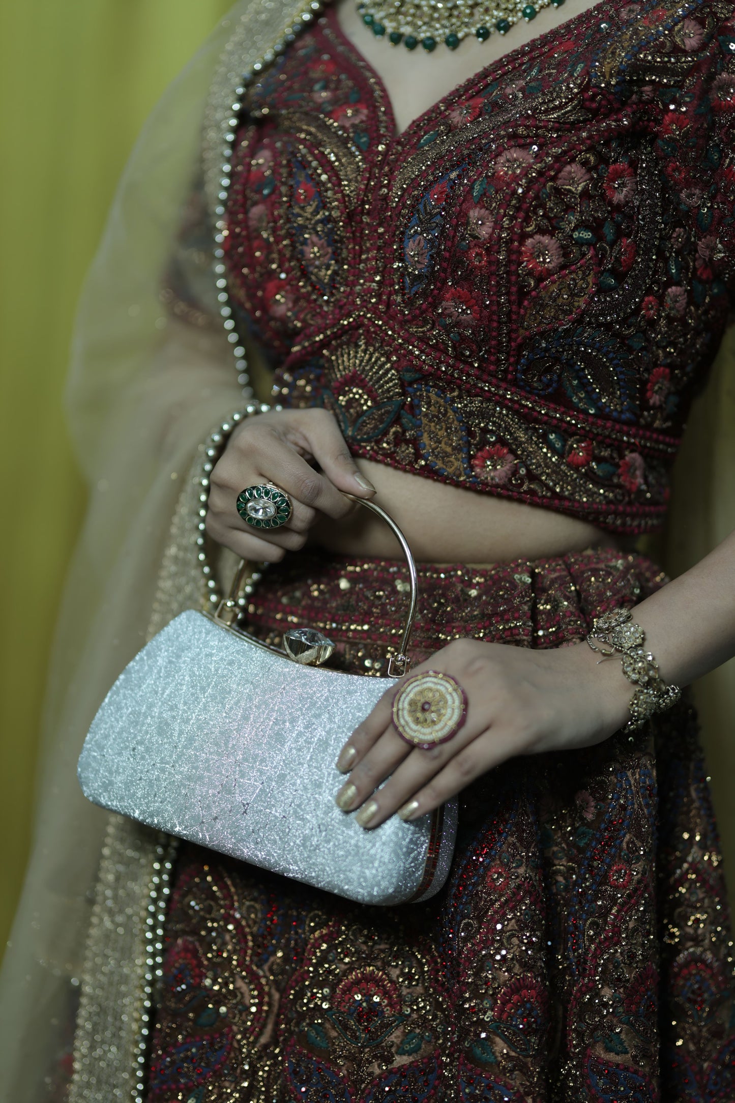 Glittering Silver Evening Clutch with Metal Handle