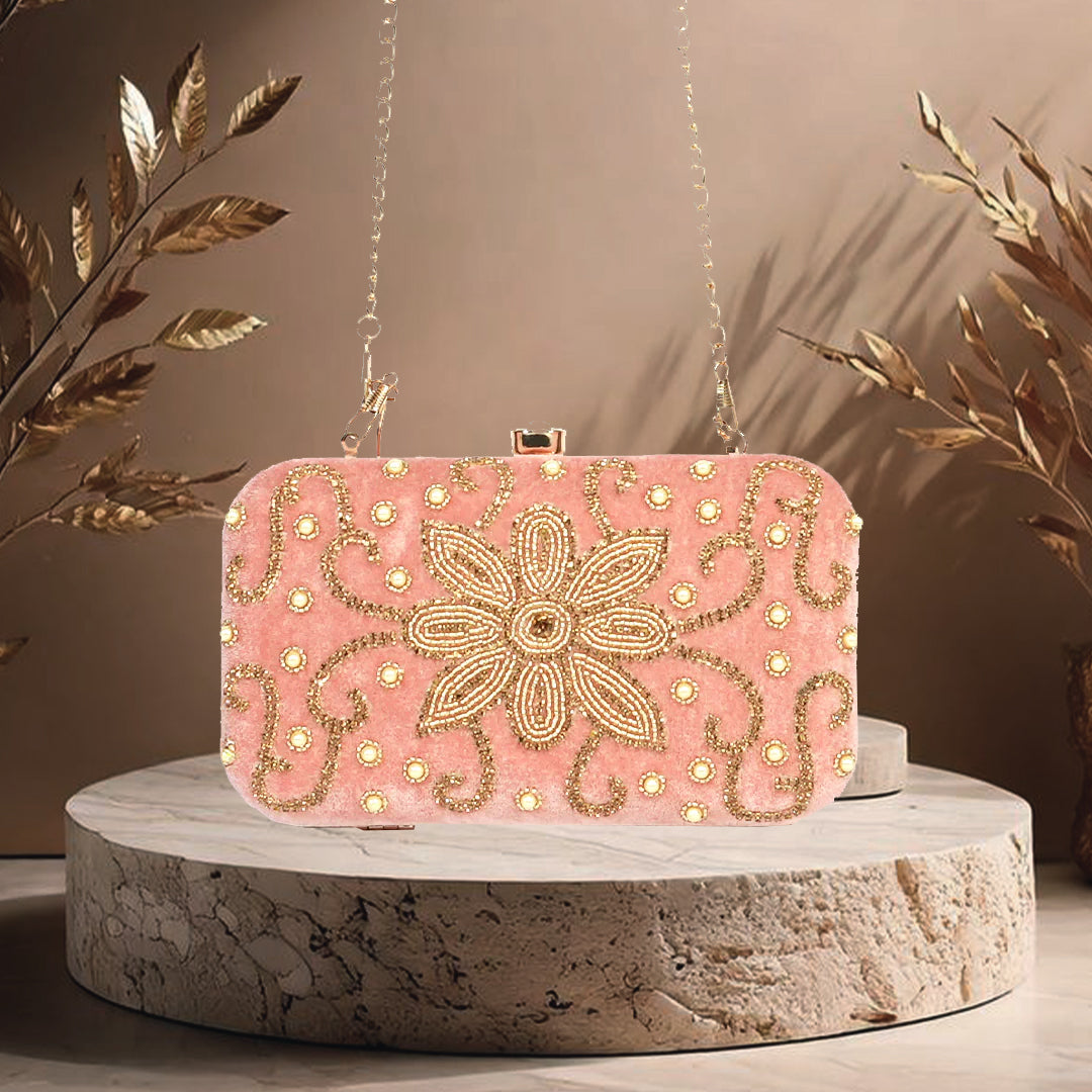 Blush Pink Floral Embellished Evening Clutch