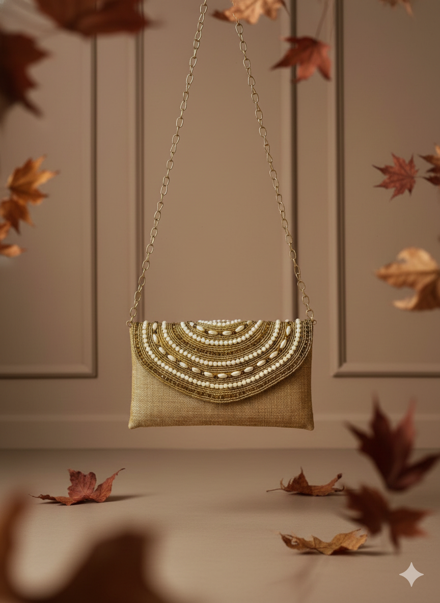 Classic Gold Pearl Embellished Clutch