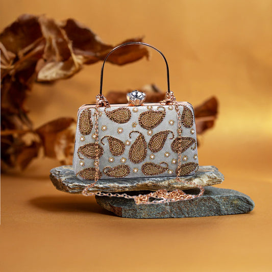 Gold Paisley Embroidered Evening Clutch-light blue