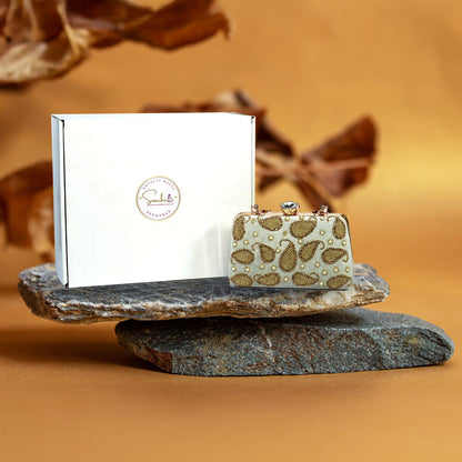 Gold Paisley Embroidered Evening Clutch-light blue