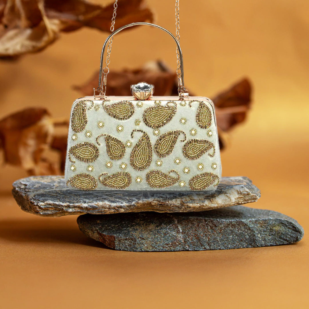 Gold Paisley Embroidered Evening Clutch-light blue