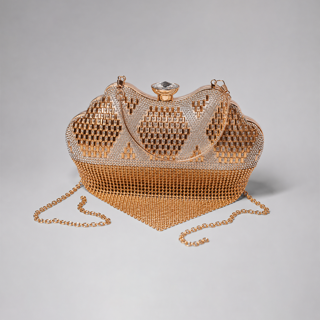 Metallic Chain Fringe V-Shape Clutch