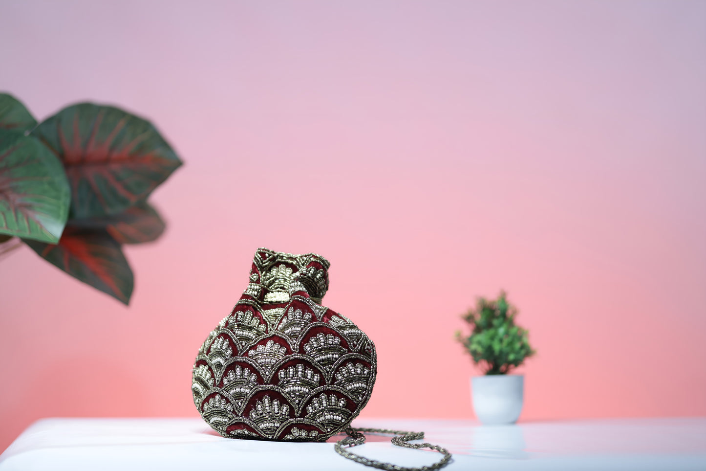 Maroon and Gold Embroidered Evening Potli