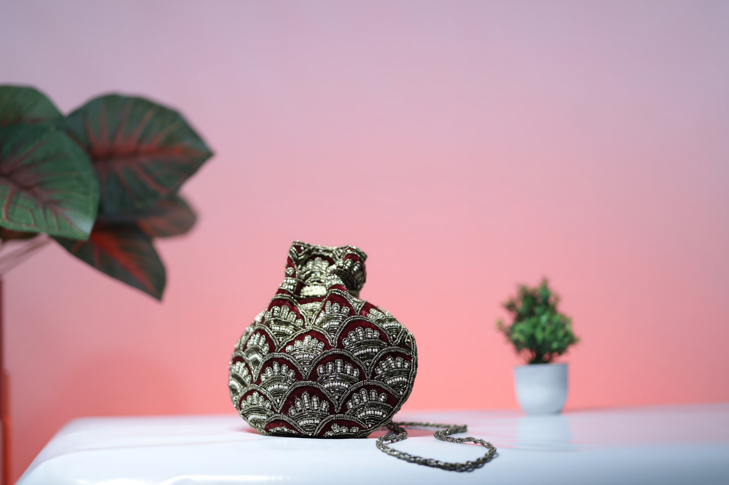 Maroon and Gold Embroidered Evening Potli