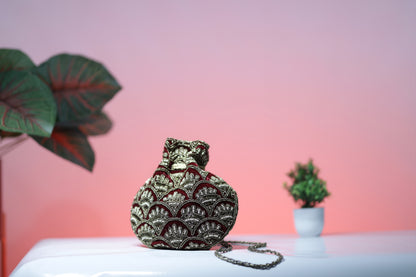 Maroon and Gold Embroidered Evening Potli