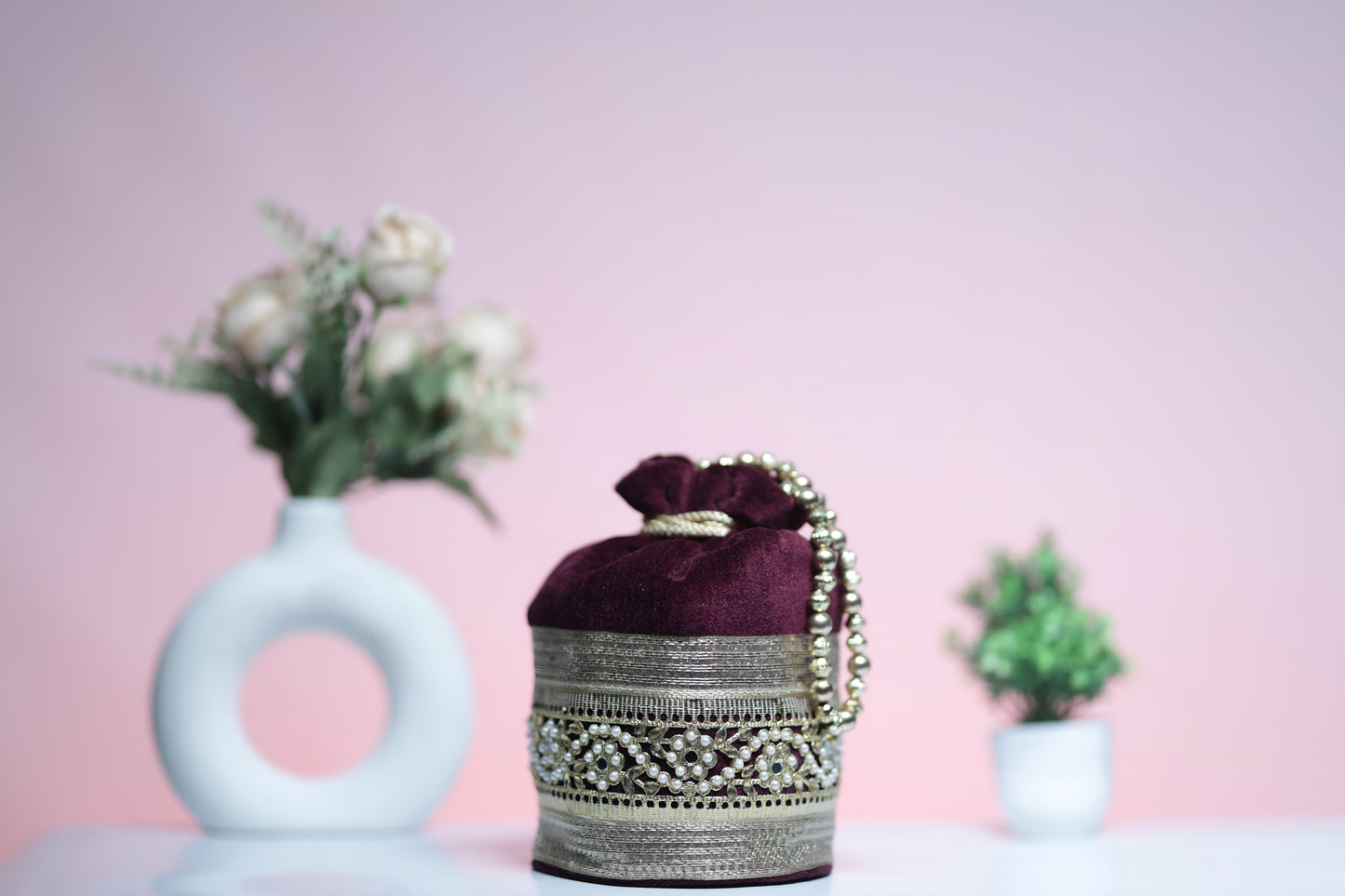 Maroon and Gold Embroidered Evening Potli