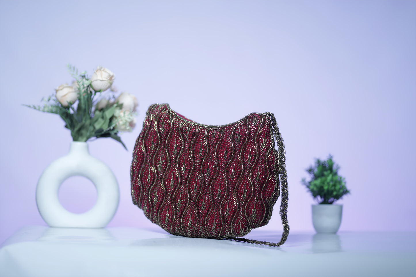 Scarlet Wave Beaded Handbag-pink colour zardozi