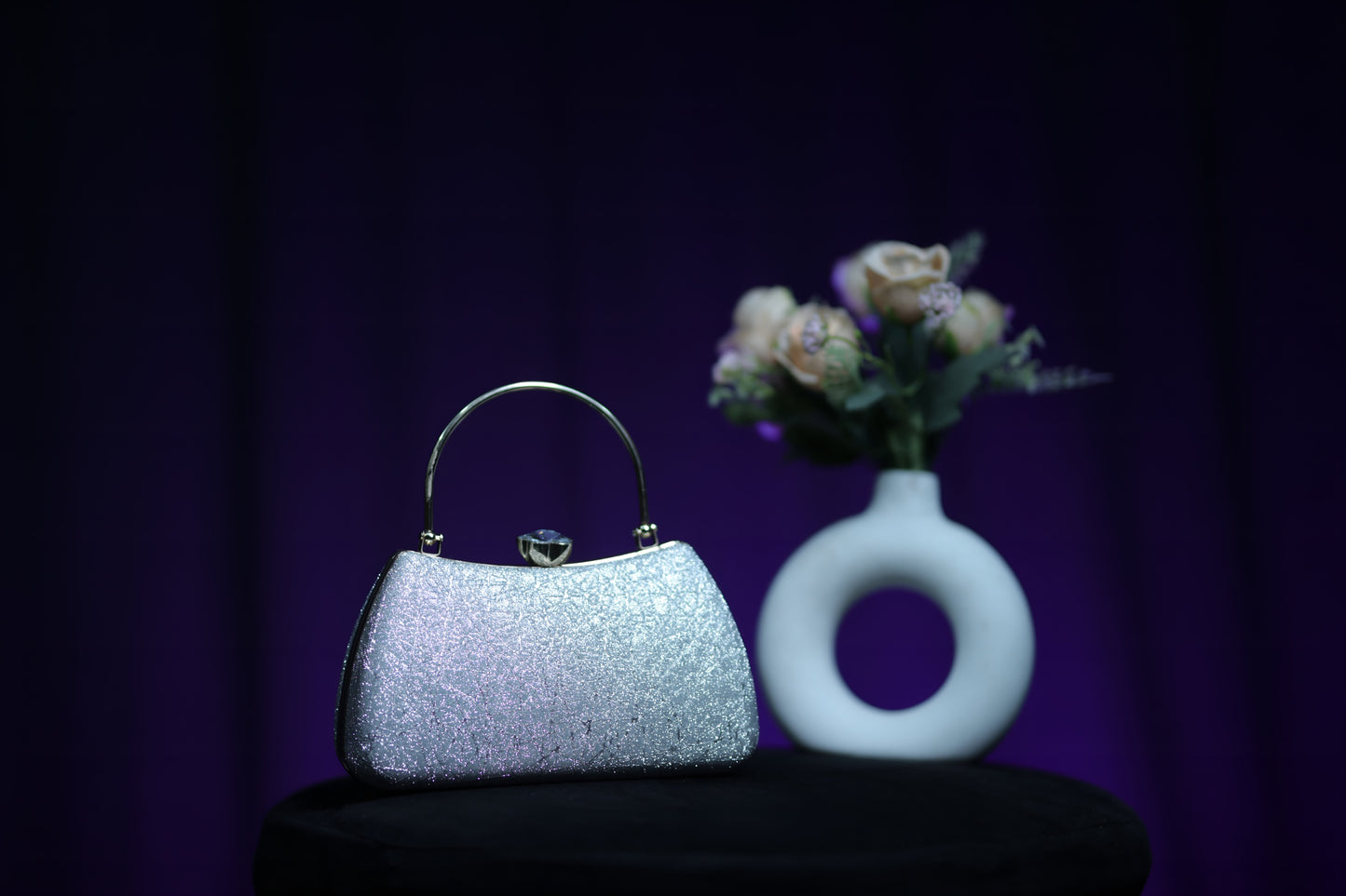 Glittering Silver Evening Clutch with Metal Handle