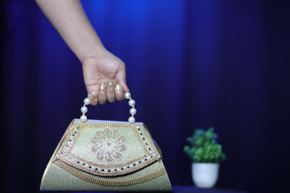 Pearl Handle Embellished Gold Evening Handbag