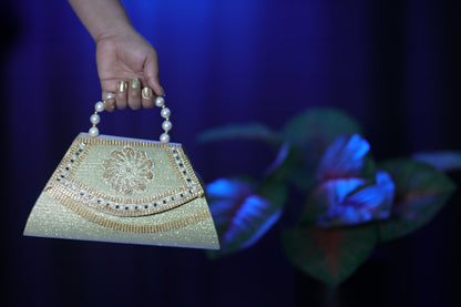 Pearl Handle Embellished Gold Evening Handbag