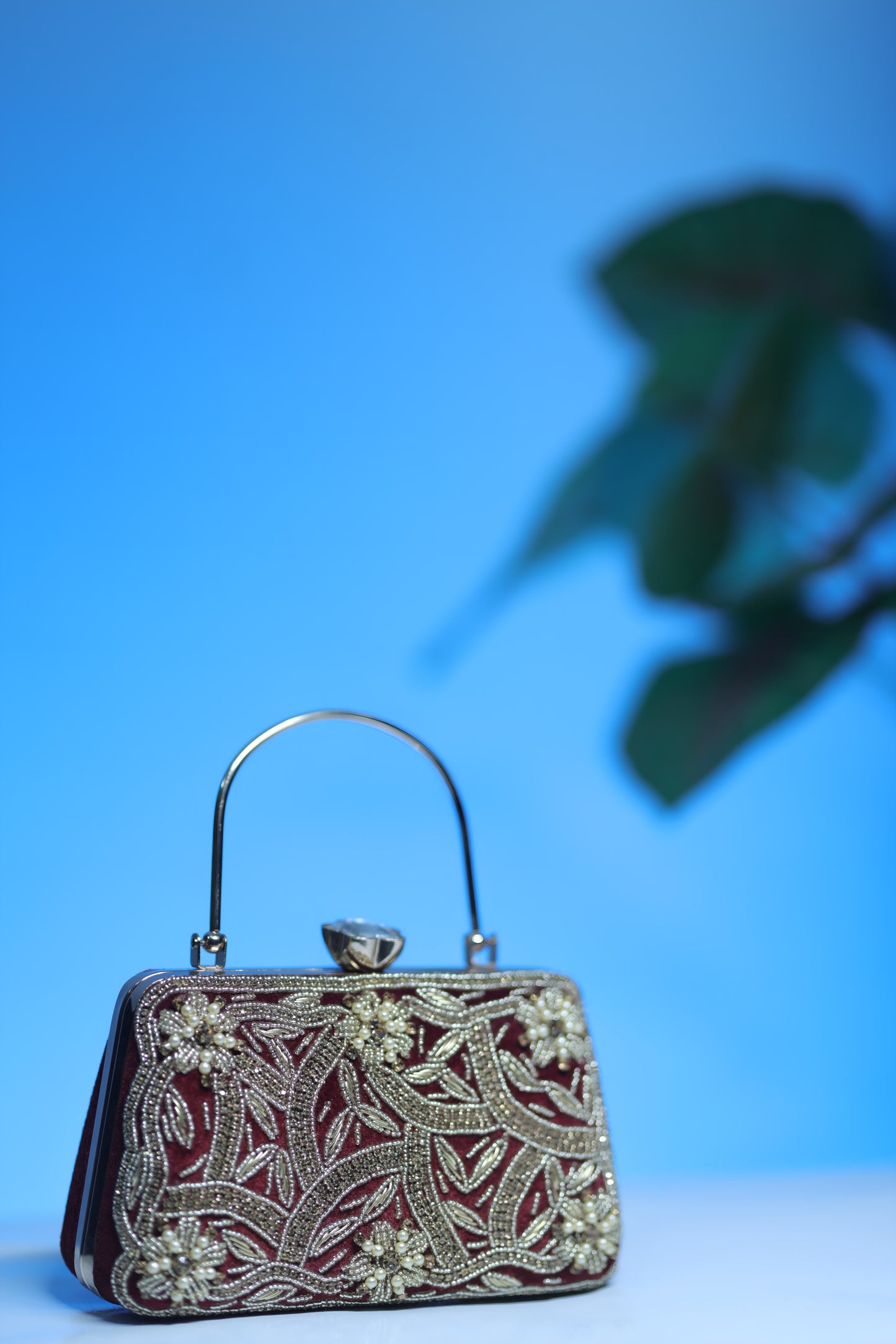 Maroon and Gold Embroidered Evening Handbag