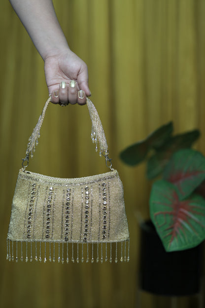 Gold Beaded Evening Bag with Fringe Detailing