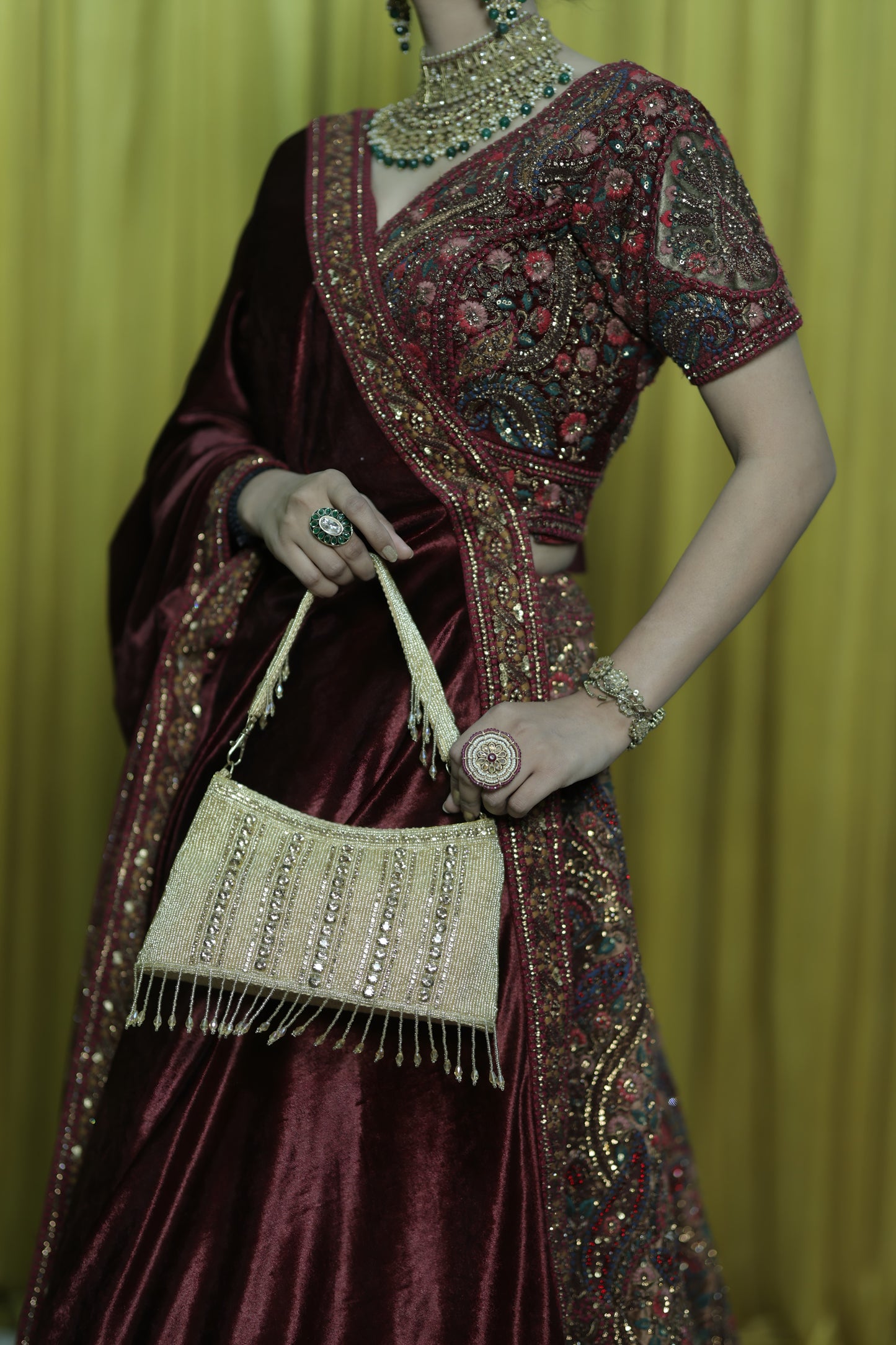 Gold Beaded Evening Bag with Fringe Detailing