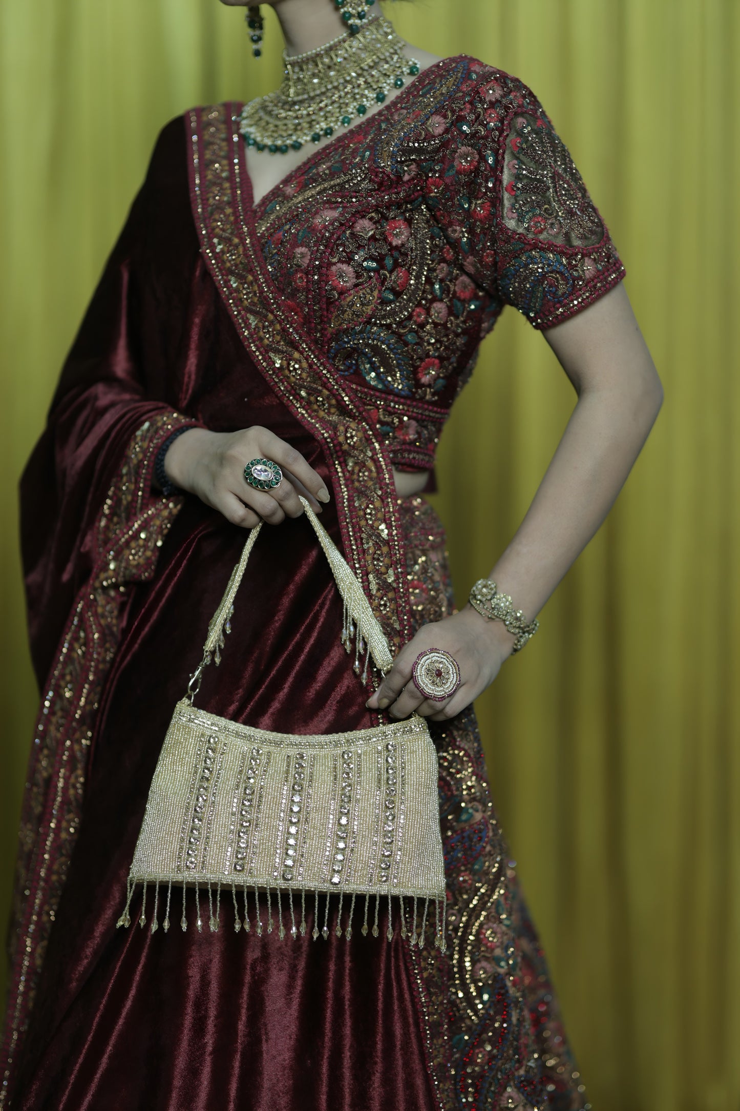 Gold Beaded Evening Bag with Fringe Detailing