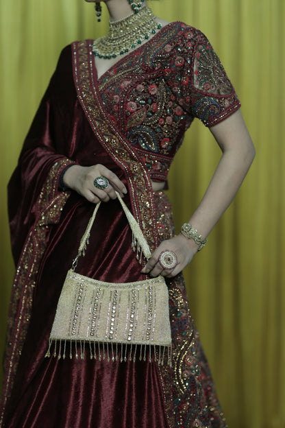 Gold Beaded Evening Bag with Fringe Detailing