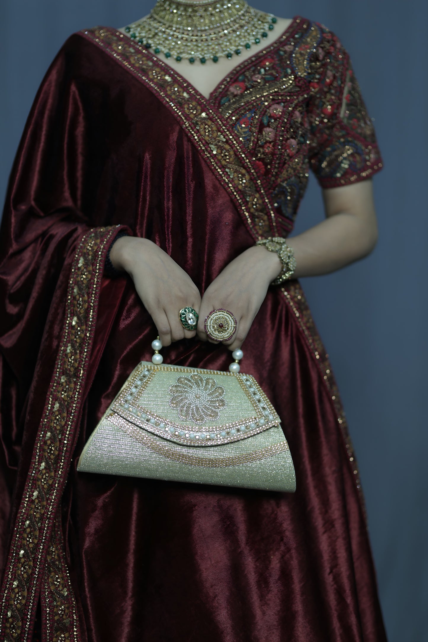 Pearl Handle Embellished Gold Evening Handbag