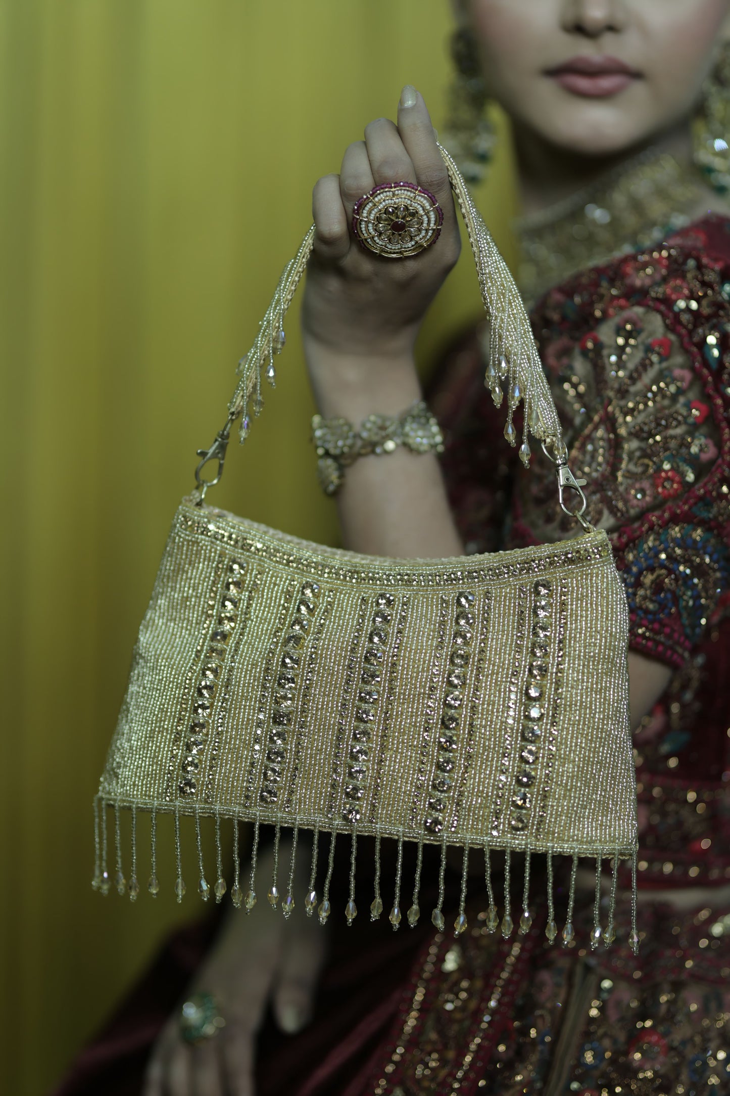 Gold Beaded Evening Bag with Fringe Detailing