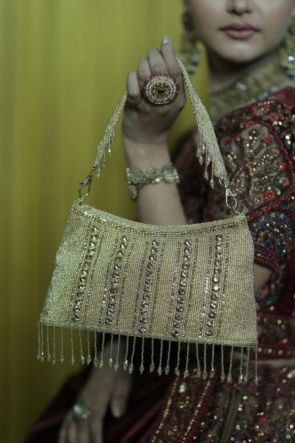 Gold Beaded Evening Bag with Fringe Detailing