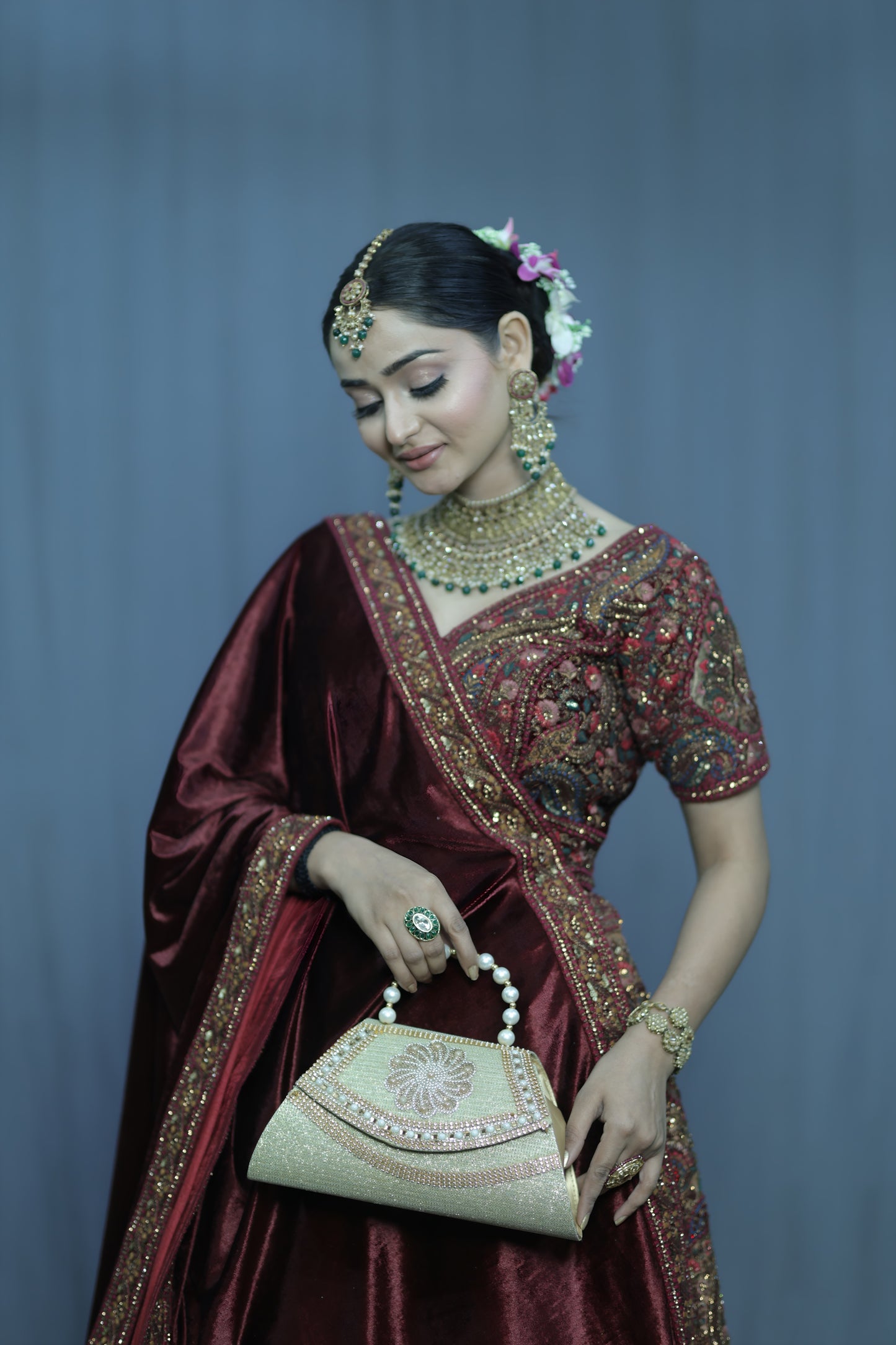 Pearl Handle Embellished Gold Evening Handbag