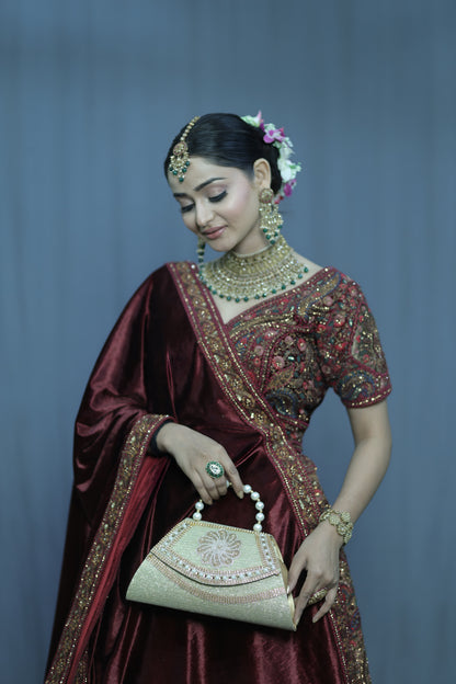 Pearl Handle Embellished Gold Evening Handbag