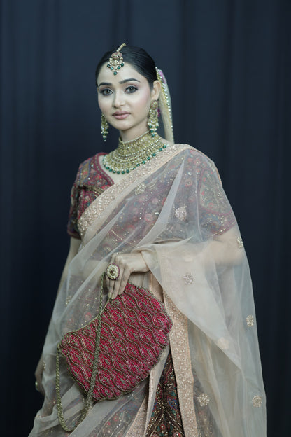 Scarlet Wave Beaded Handbag-pink colour zardozi