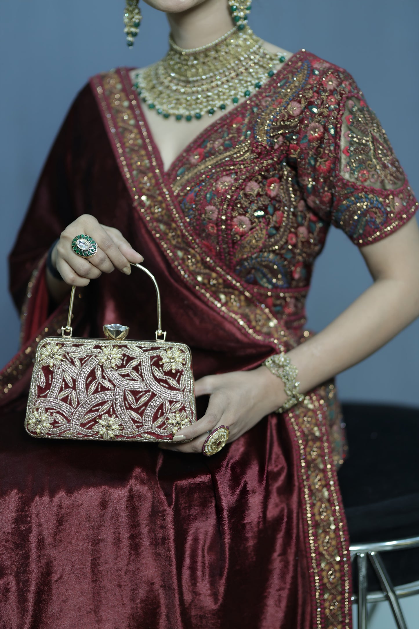 Maroon and Gold Embroidered Evening Handbag