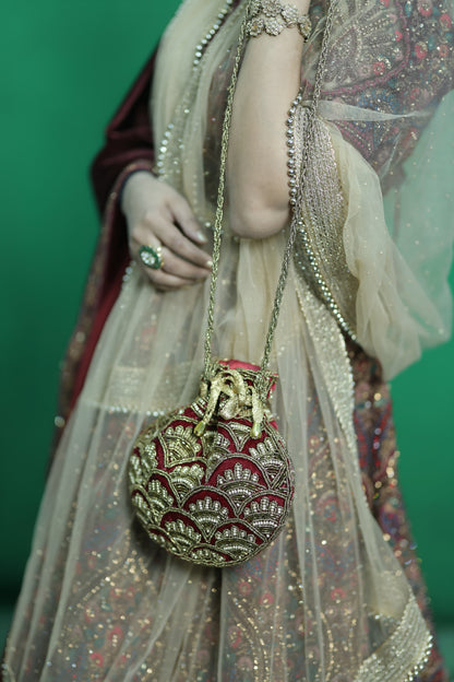 Maroon and Gold Embroidered Evening Potli