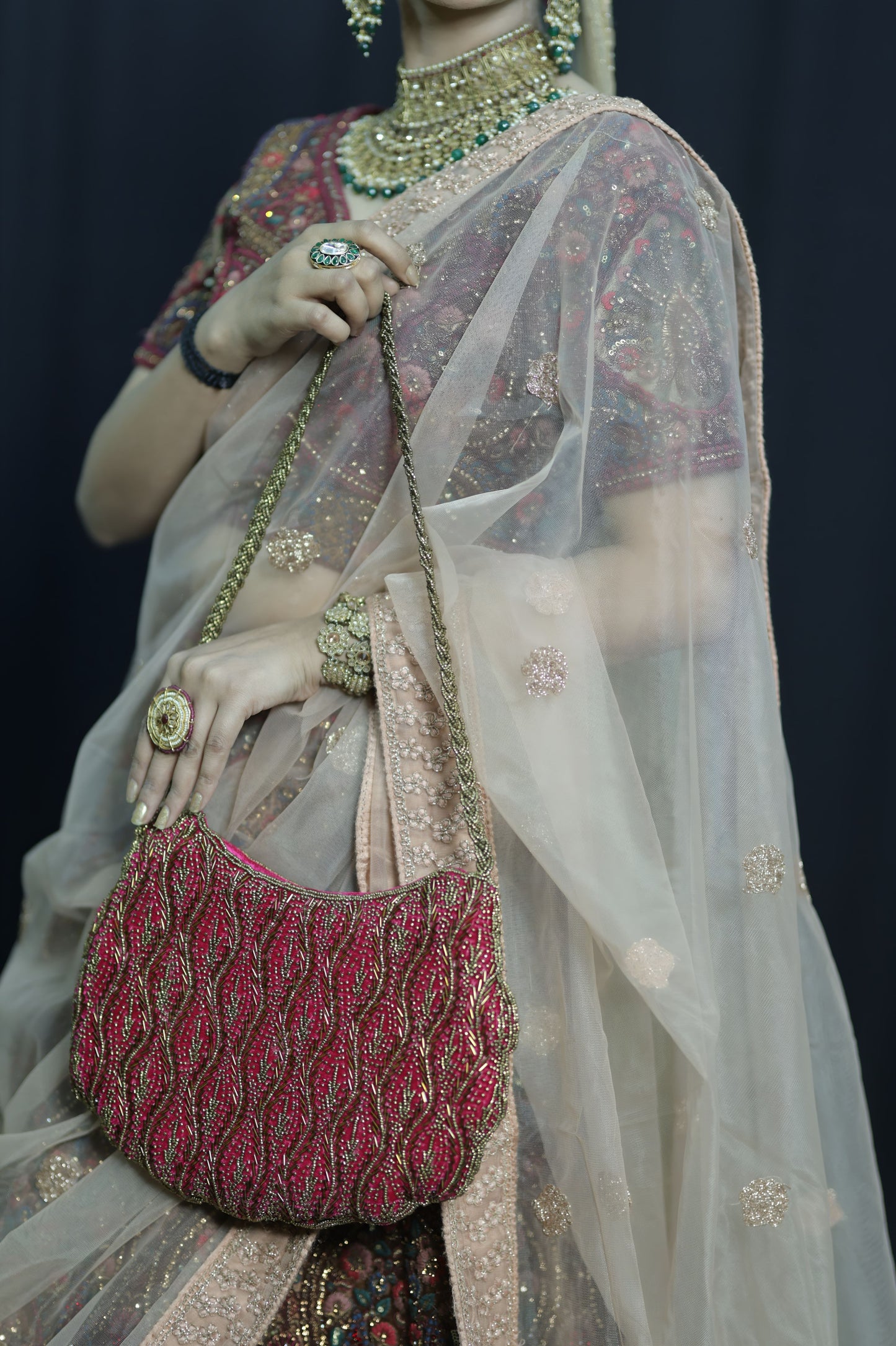 Scarlet Wave Beaded Handbag-pink colour zardozi