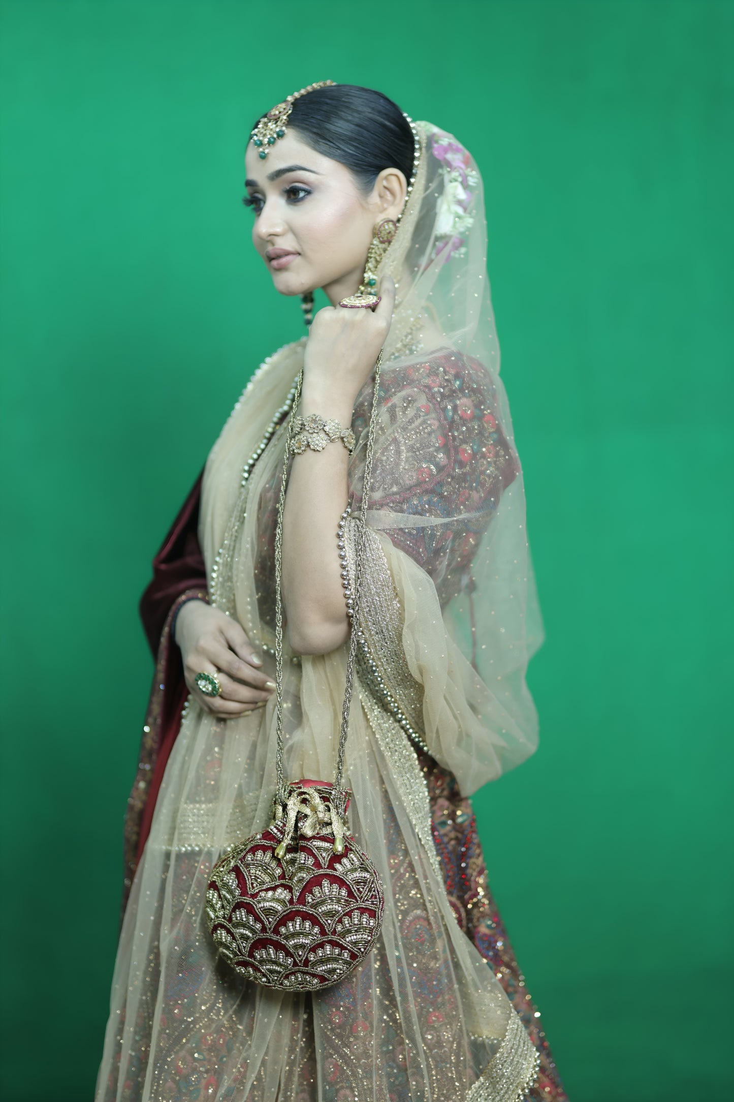 Maroon and Gold Embroidered Evening Potli