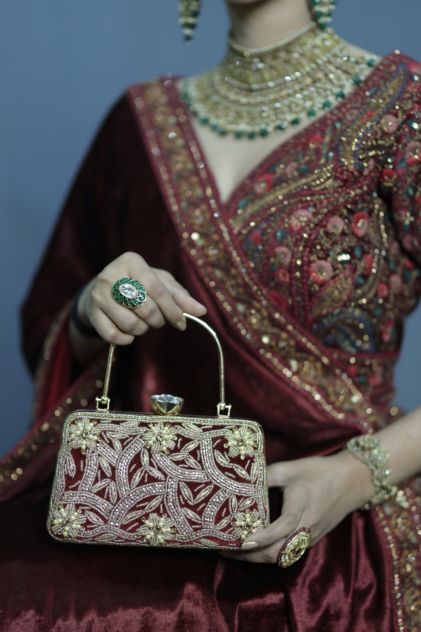 Maroon and Gold Embroidered Evening Handbag