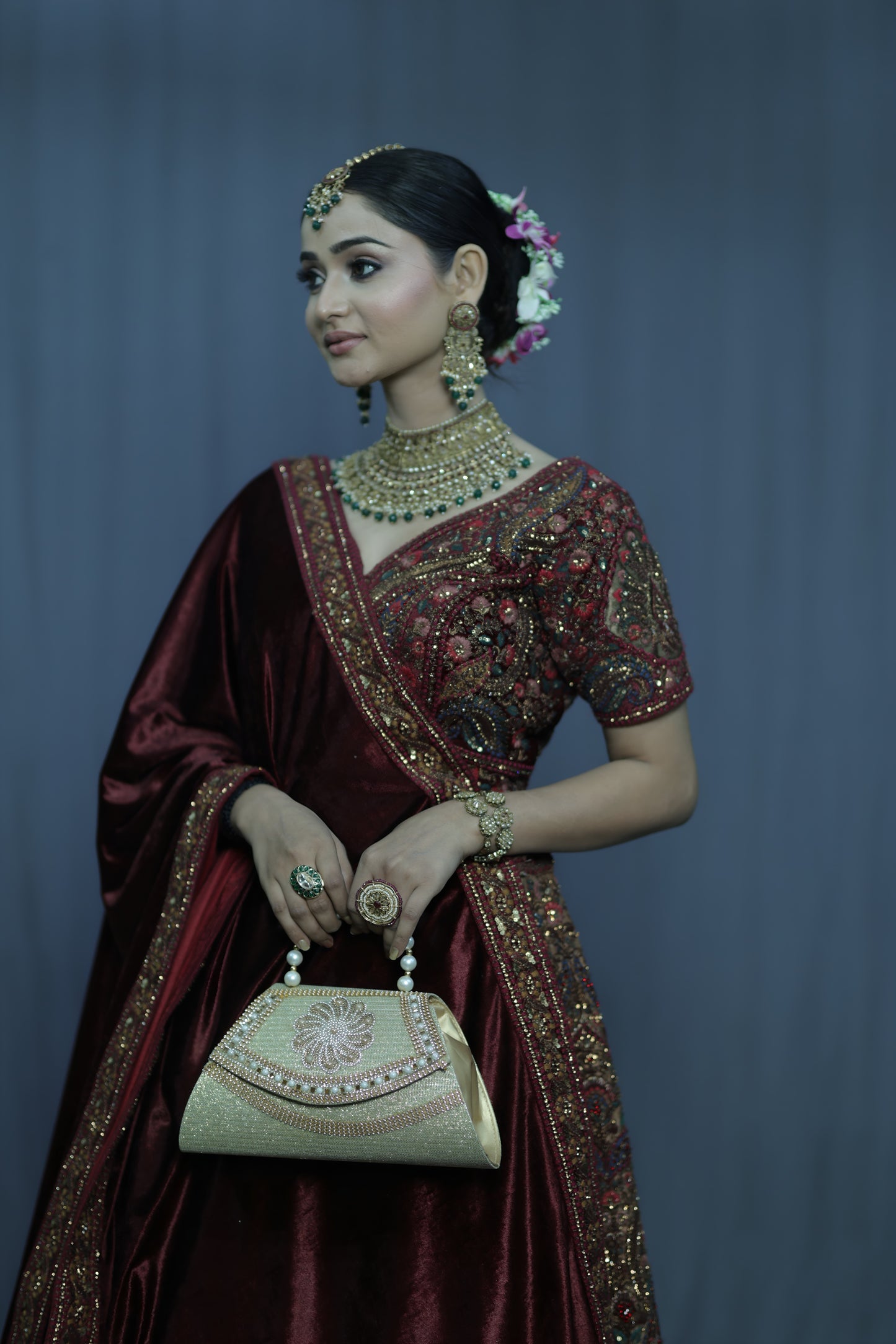 Pearl Handle Embellished Gold Evening Handbag