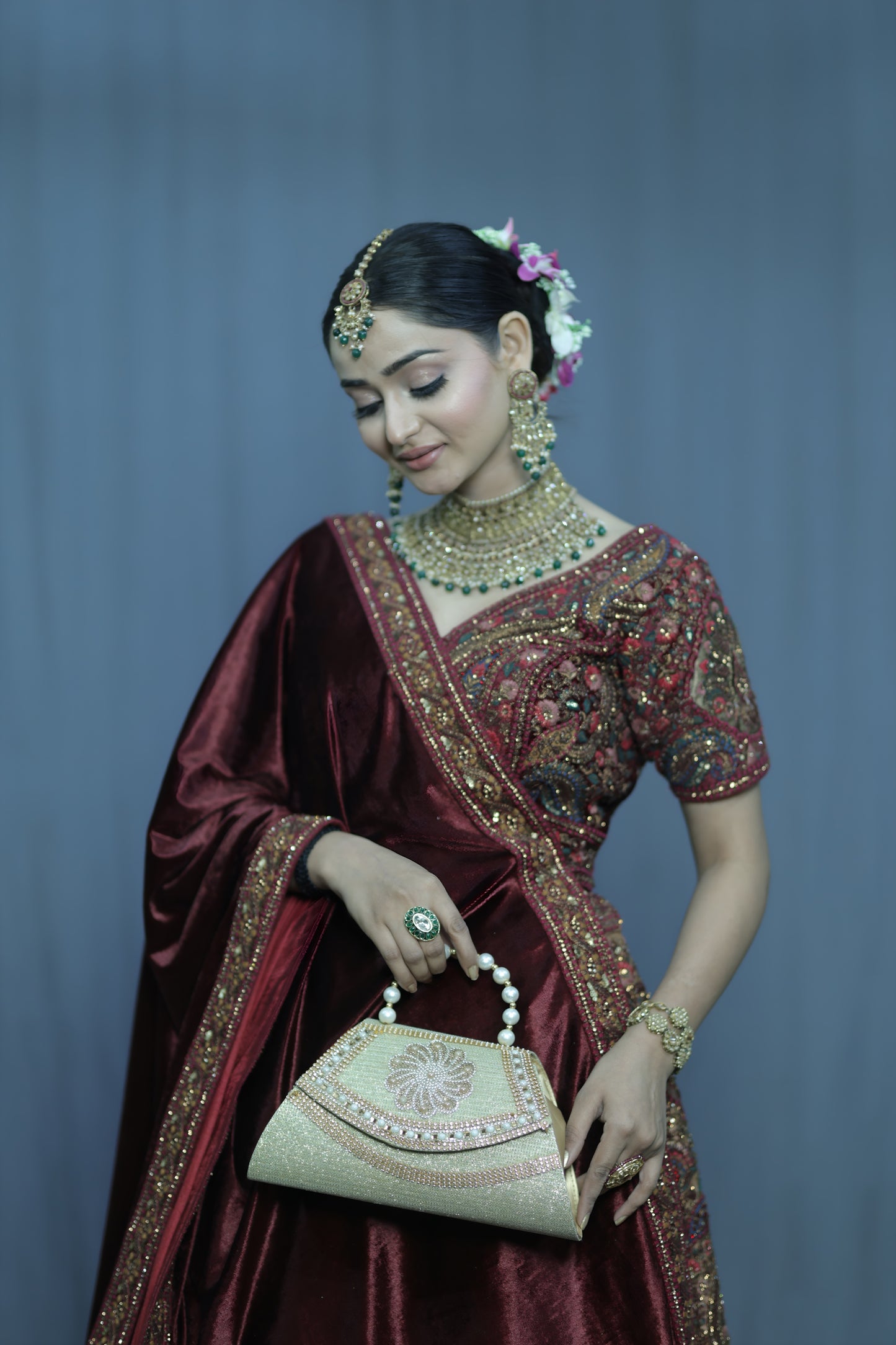 Pearl Handle Embellished Gold Evening Handbag