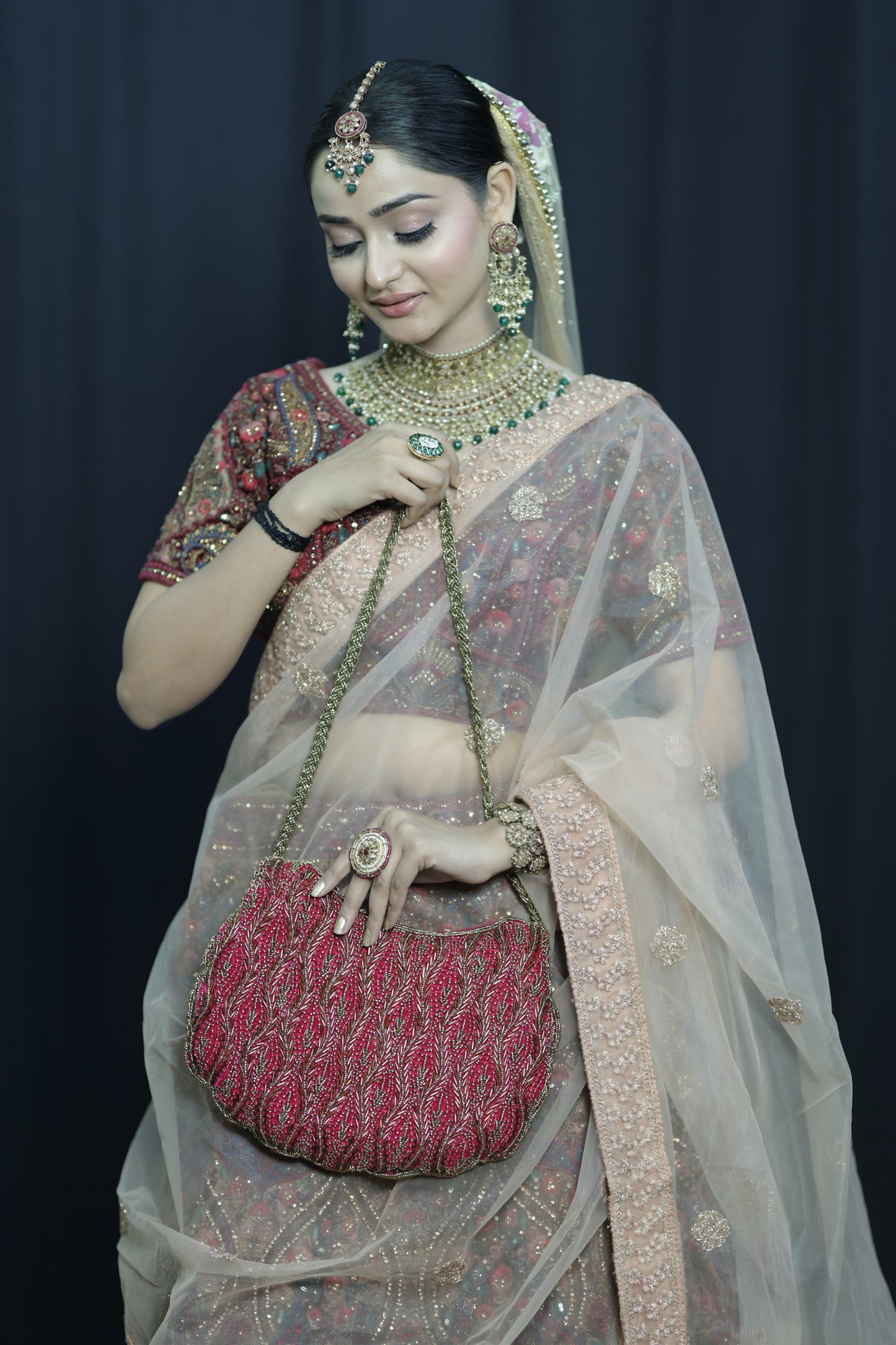 Scarlet Wave Beaded Handbag-pink colour zardozi