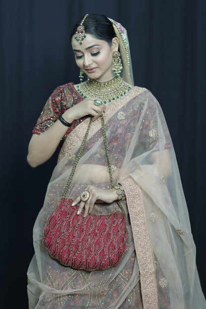 Scarlet Wave Beaded Handbag-pink colour zardozi