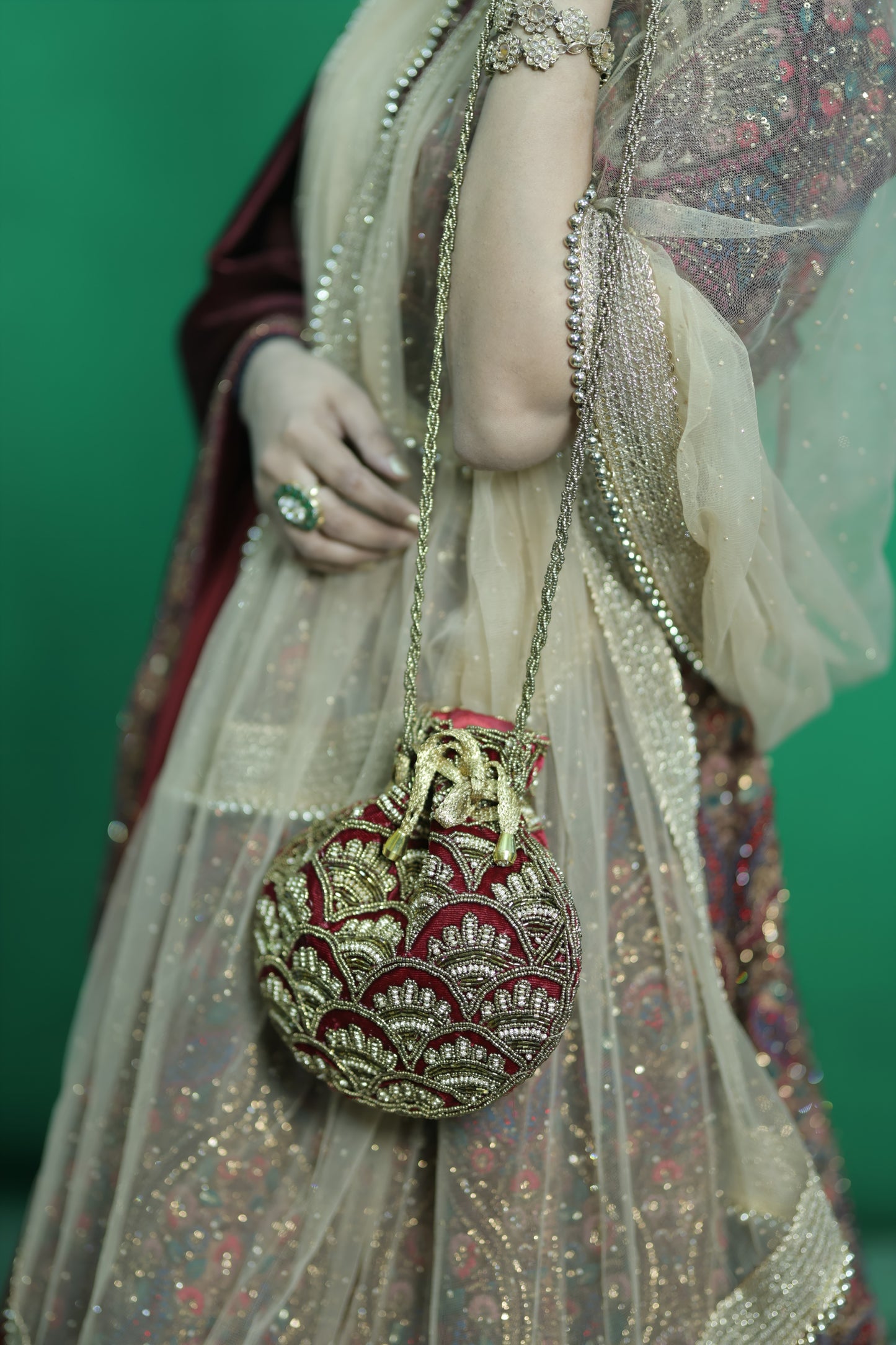 Maroon and Gold Embroidered Evening Potli
