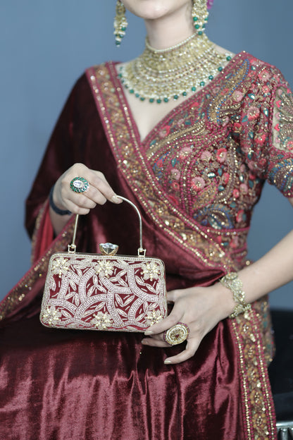 Maroon and Gold Embroidered Evening Handbag