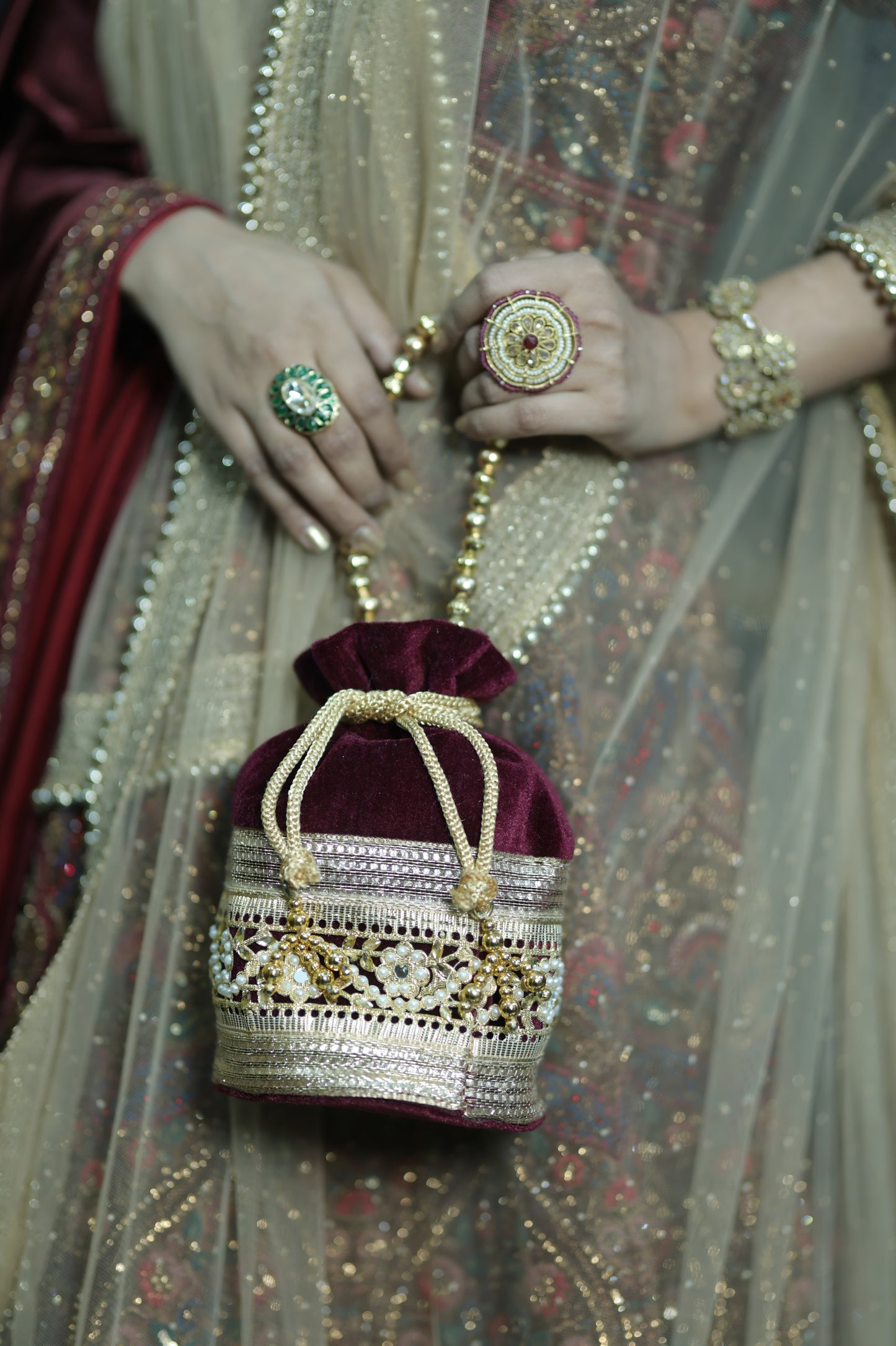 Maroon and Gold Embroidered Evening Potli