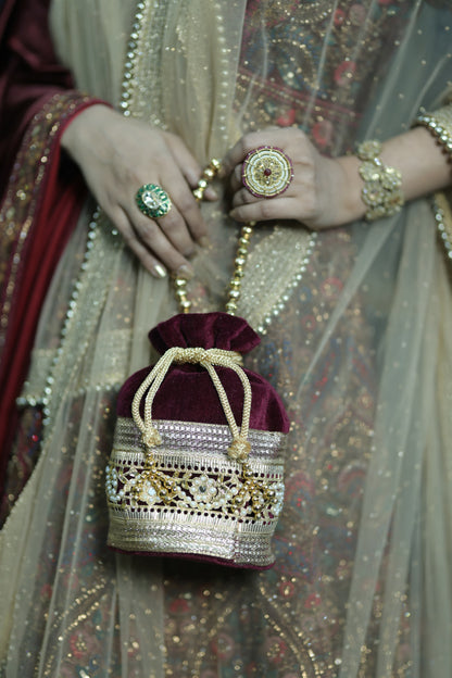 Maroon and Gold Embroidered Evening Potli