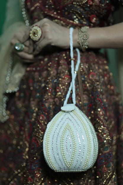 Pearl-Embellished Bridal Drawstring Bag-white Potli