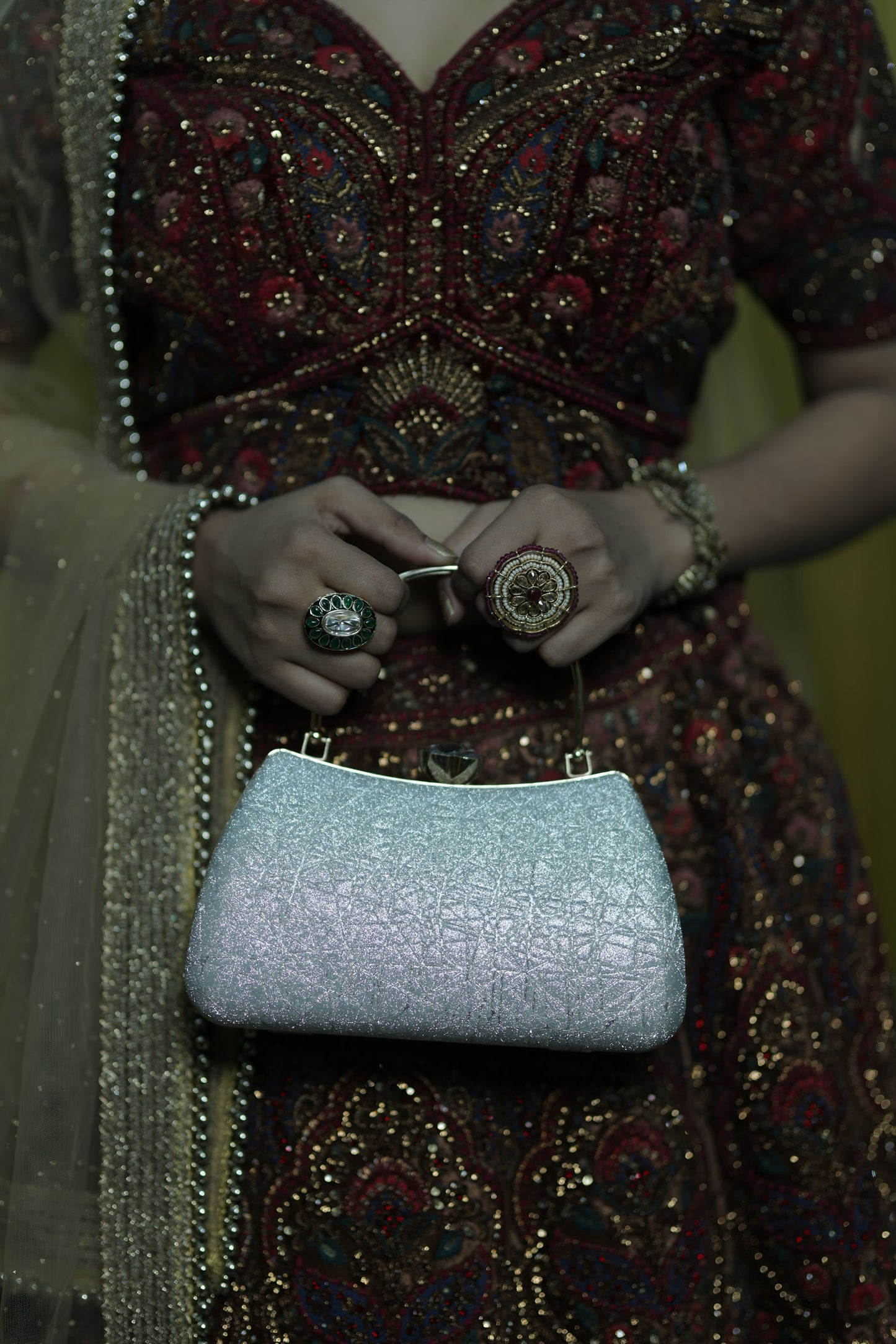 Glittering Silver Evening Clutch with Metal Handle