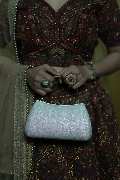Glittering Silver Evening Clutch with Metal Handle