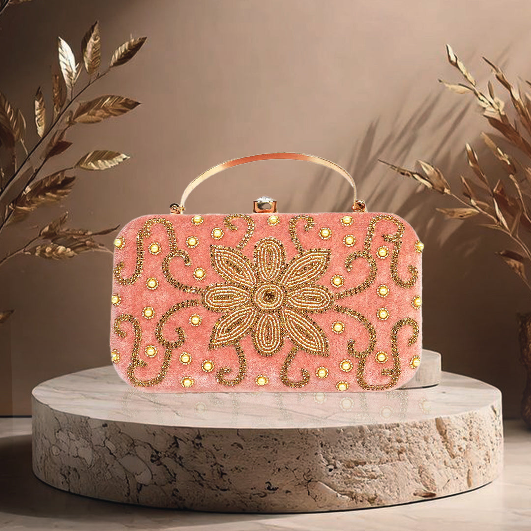 Blush Pink Floral Embellished Evening Clutch