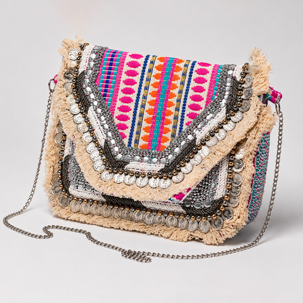 Boho Embellished Jute Sling Bag