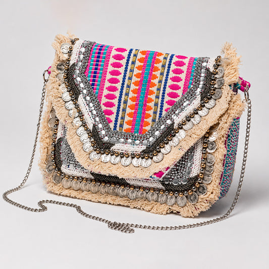 Boho Embellished Jute Sling Bag