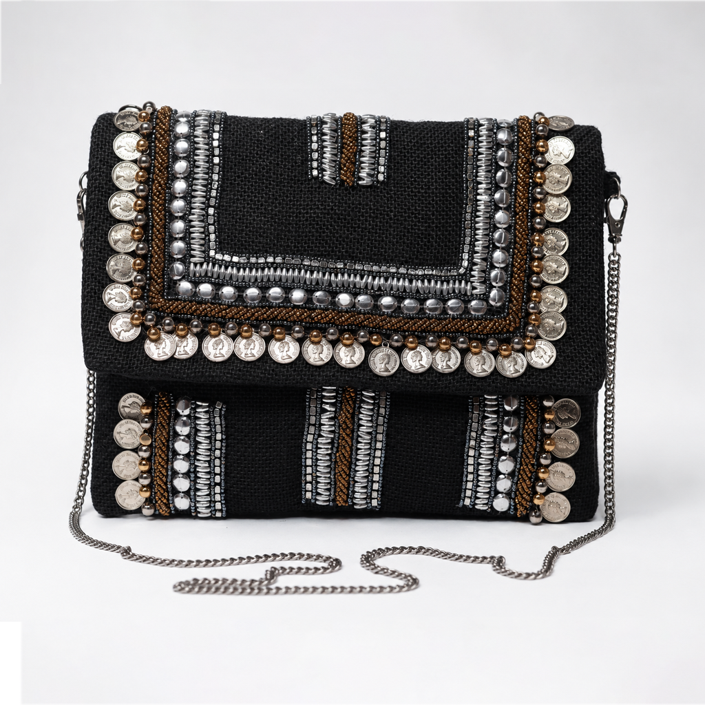 Black Boho Coin Embellished Sling Bag