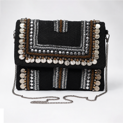 Black Boho Coin Embellished Sling Bag