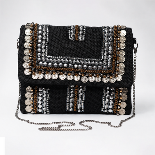 Black Boho Coin Embellished Sling Bag