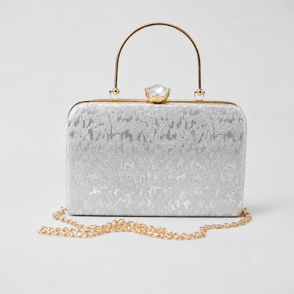 Glitter Silver Clutch with Metal Handle